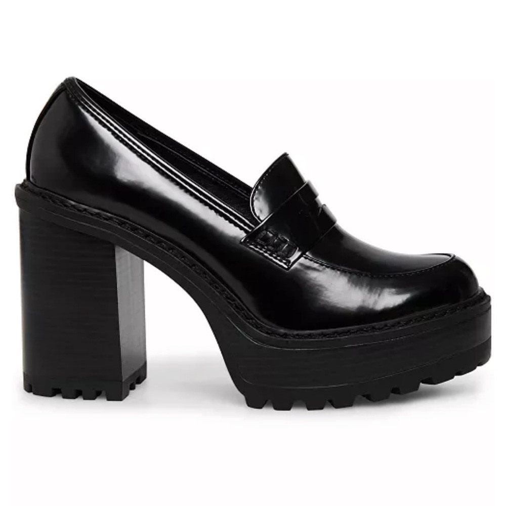 NEW Madden Girl Kassidy Platform Heeled Loafers Faux Patent Leather Black Sz 8.5